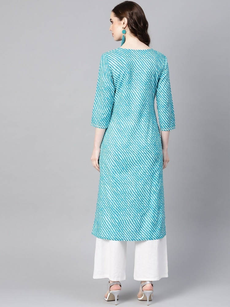 Yufta Women Blue & Off-White Leheriya Dyed Straight Kurta | Grocsy