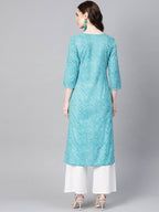 Yufta Women Blue & Off-White Leheriya Dyed Straight Kurta | Grocsy
