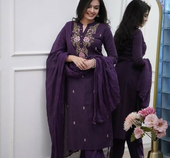 The52 Women's Beautiful Rayon Slub Fabric Embroidery Work Straight Kurta Pant and Dupatta Set | Grocsy