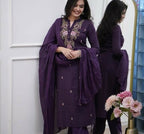 The52 Women's Beautiful Rayon Slub Fabric Embroidery Work Straight Kurta Pant and Dupatta Set | Grocsy