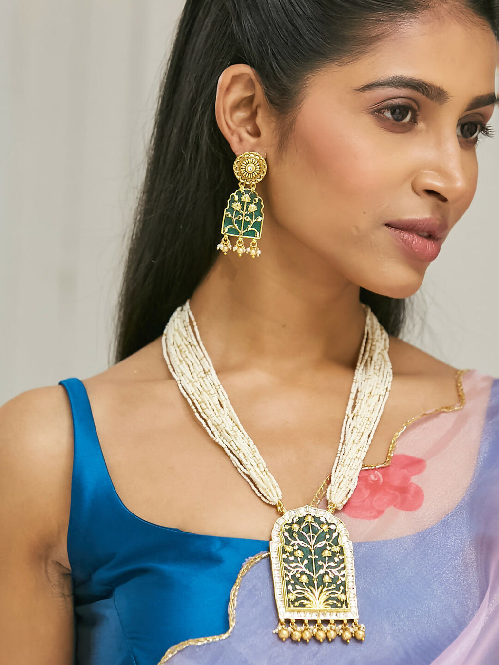 Nuyug 22K Gold-Plated Pearl Beaded Strings Green Enamel Pendant with Floral Motifs Necklace Set | Grocsy