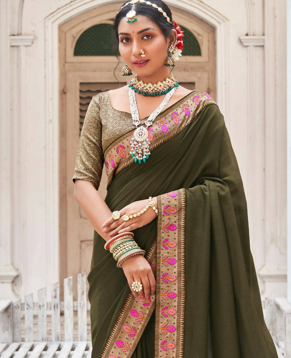 Olive Vichitra Solid Saree With Unstitched Blouse Piece - Juhi | Grocsy