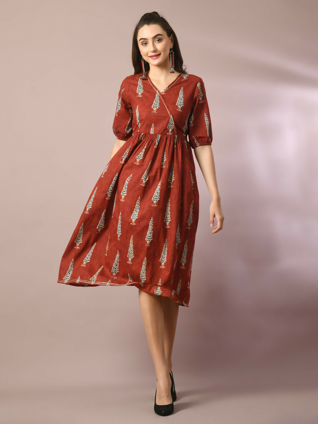 Myshka Women's Rust Printed Cotton V-Neck Empire Party Dress | Grocsy