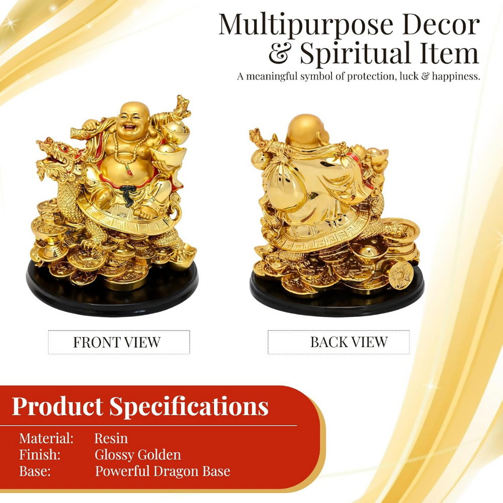 GJ Golden Laughing Buddha with Dragon & Coins Statue | Grocsy
