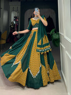 Vastranavya Navaratri Special Pure Cotton Printed With Cowrie (Kodi) Lace Touch Up Lehenga with Stitched Blouse - Green | Grocsy