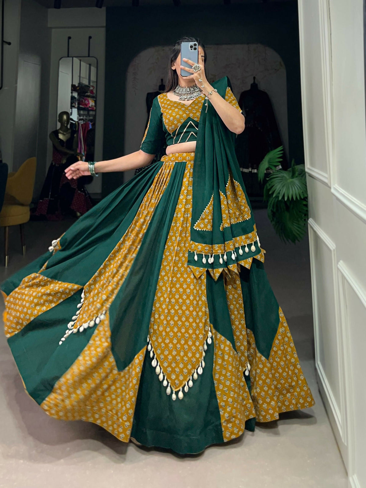 Vastranavya Navaratri Special Pure Cotton Printed With Cowrie (Kodi) Lace Touch Up Lehenga with Stitched Blouse - Green | Grocsy