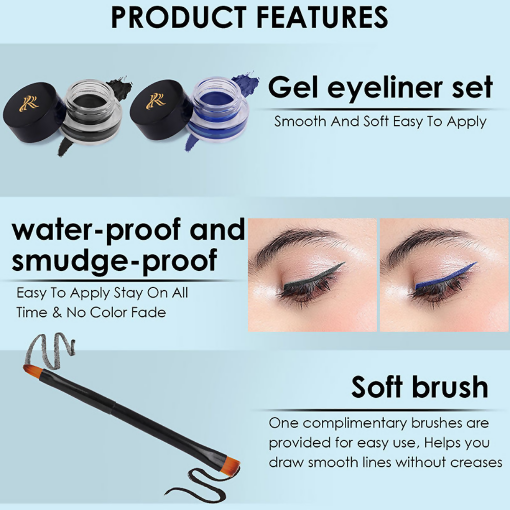 Ronzille 36Hr Waterproof And Smudge Proof Long Wear Gel Eyeliner With Brush - Black And Blue | Grocsy