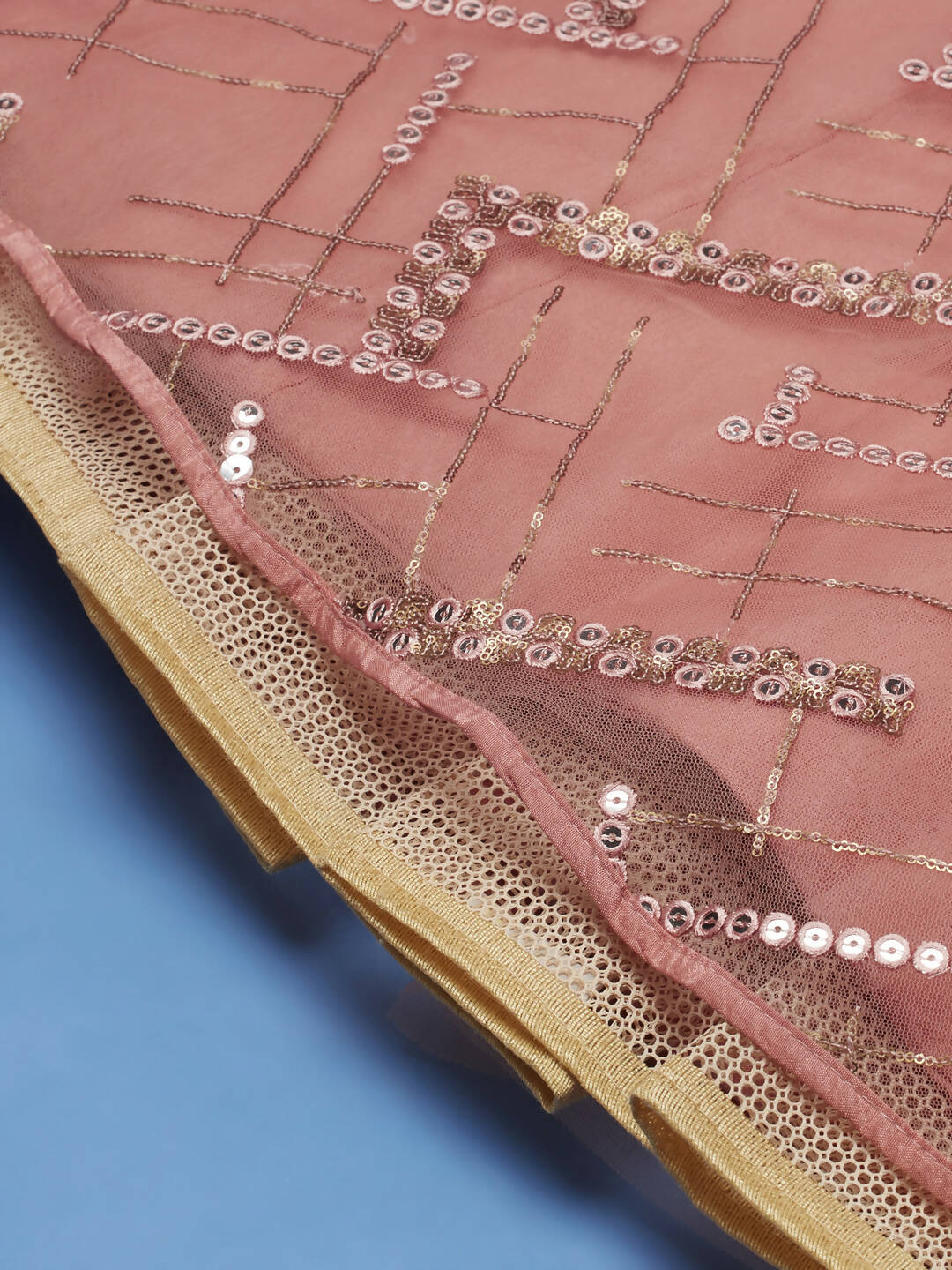House of Panchhi Peach Net Sequinse Embroidered Lehenga & Blouse with Dupatta | Grocsy
