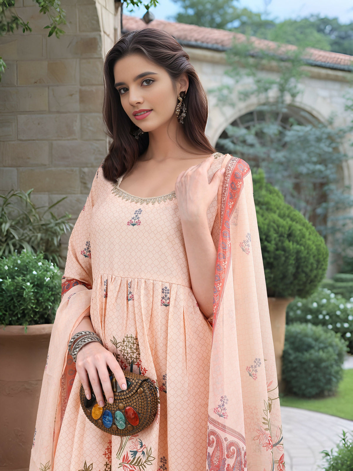 Joban Fashion Peach Position Digital Print With Position Foil Kurta Set | Grocsy