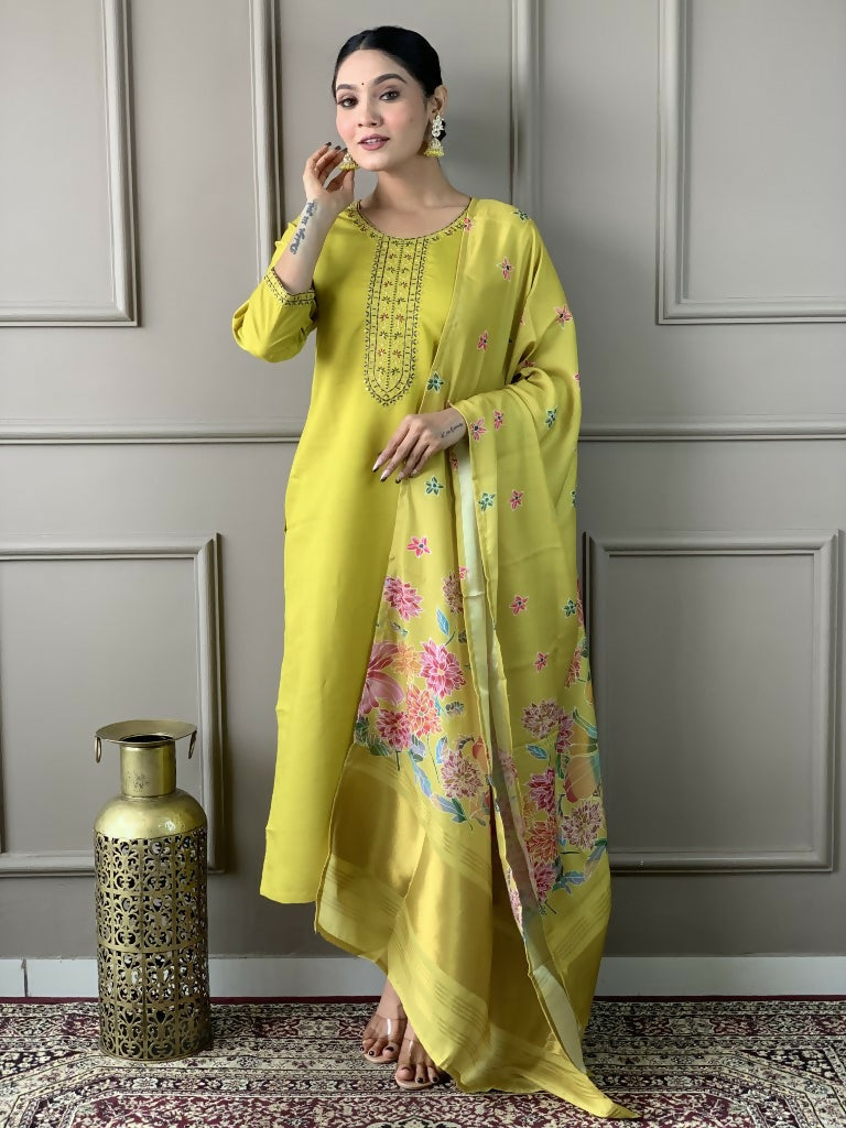 Lemon Viscose chanderi Stitched Suit With Dupatta - Tanisha | Grocsy