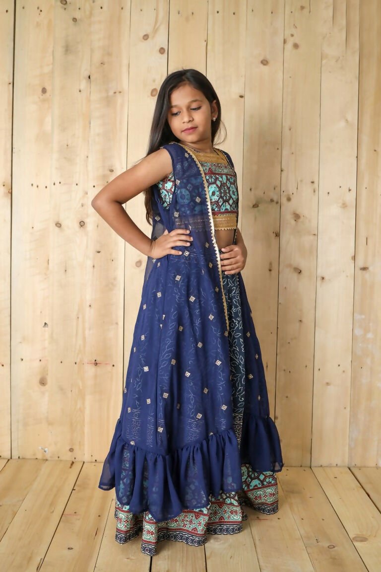 Aayaa Designer Printed Silk Embroidery Kids Lehenga Choli - Blue | Grocsy