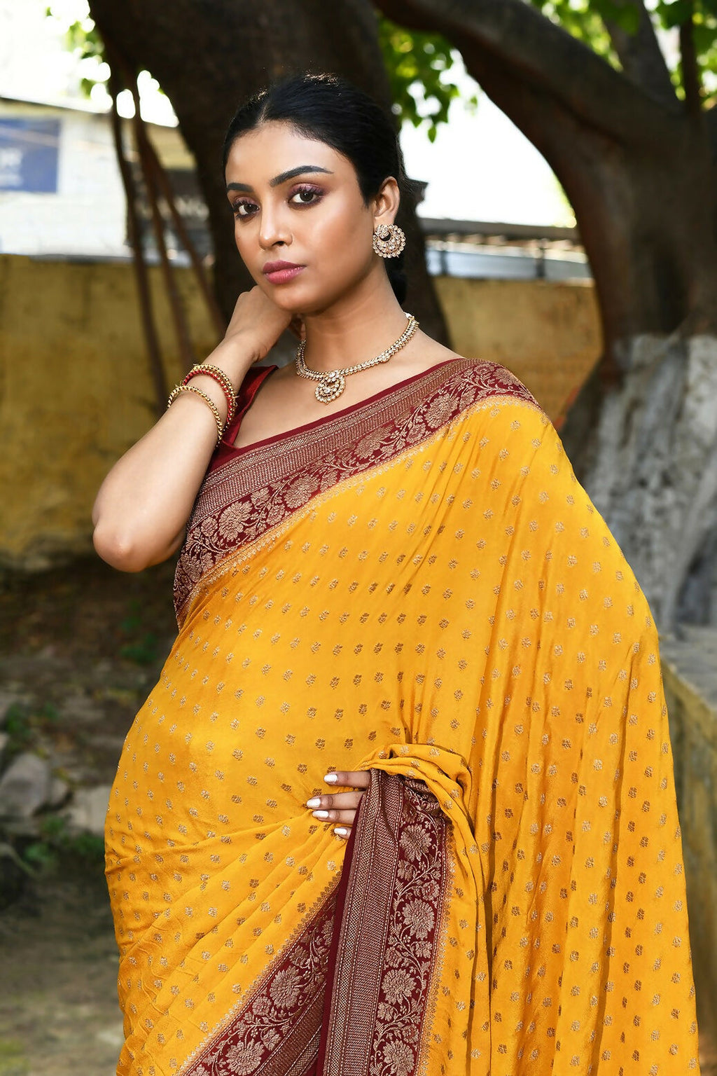 Joban Fashion Yellow Crepe Chiffon Pure Handloom Banarasi Silk Saree | Grocsy