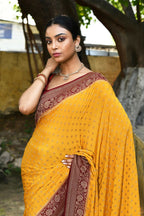 Joban Fashion Yellow Crepe Chiffon Pure Handloom Banarasi Silk Saree | Grocsy