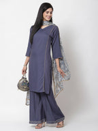 Myshka Women's Grey Viscose Solid 3/4 Sleeve V Neck Casual Kurta Palazzo Dupatta Set | Grocsy