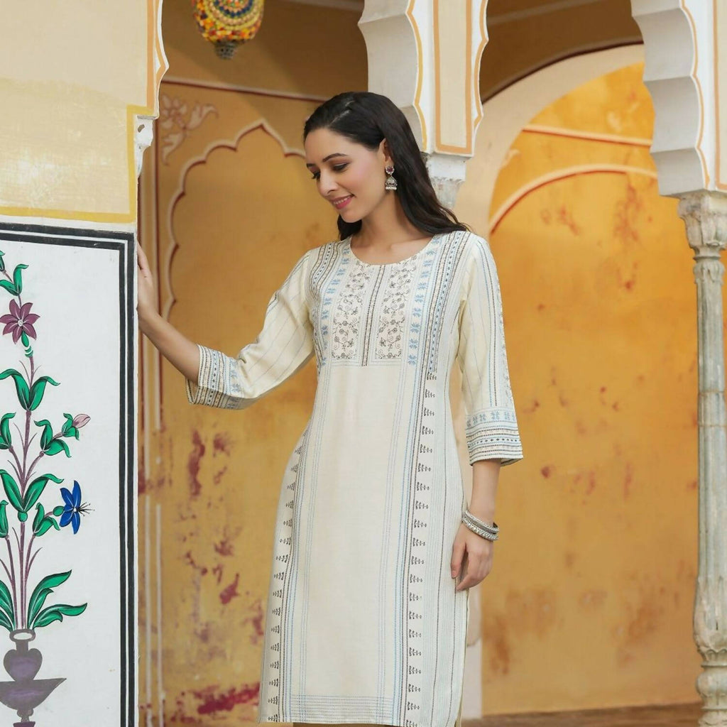 Juniper Women's Off-White Rayon Printed Straight Kurta | Grocsy
