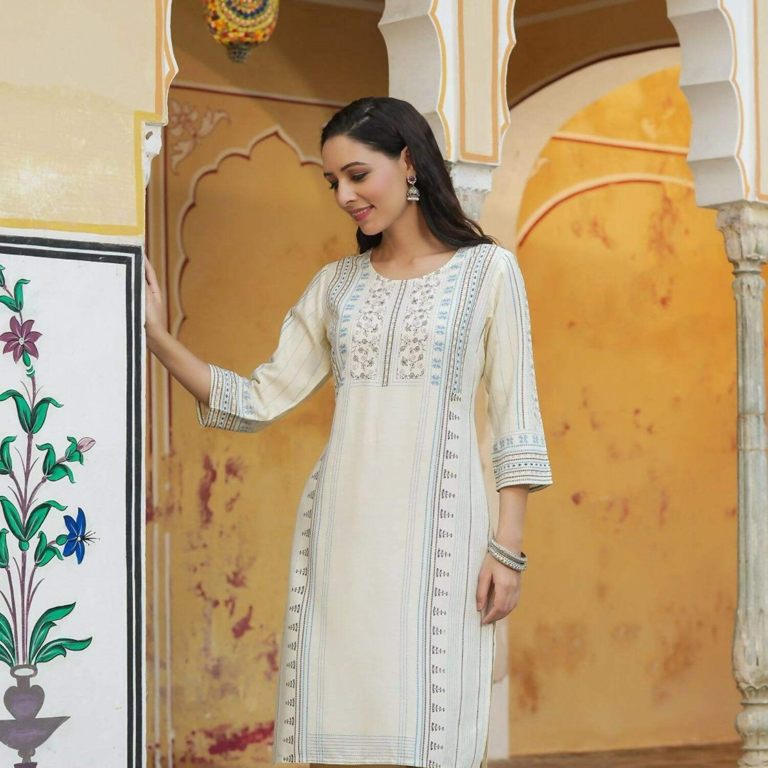 Juniper Women's Off-White Rayon Printed Straight Kurta | Grocsy