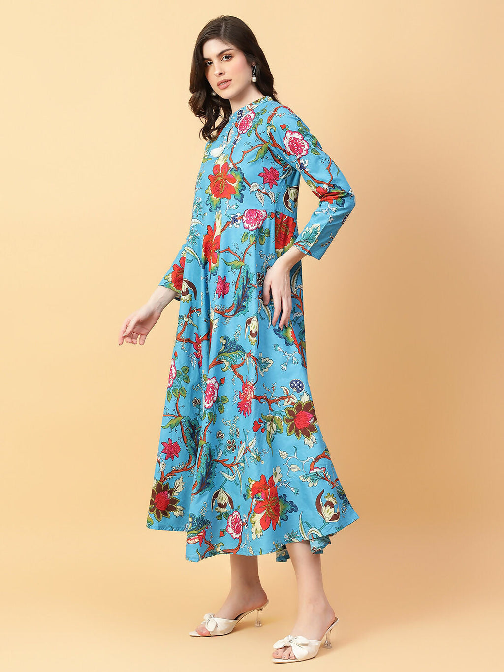 Joban Fashion Turquise Blue Cotton Printed & Hand Work Dress | Grocsy