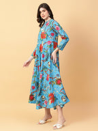 Joban Fashion Turquise Blue Cotton Printed & Hand Work Dress | Grocsy