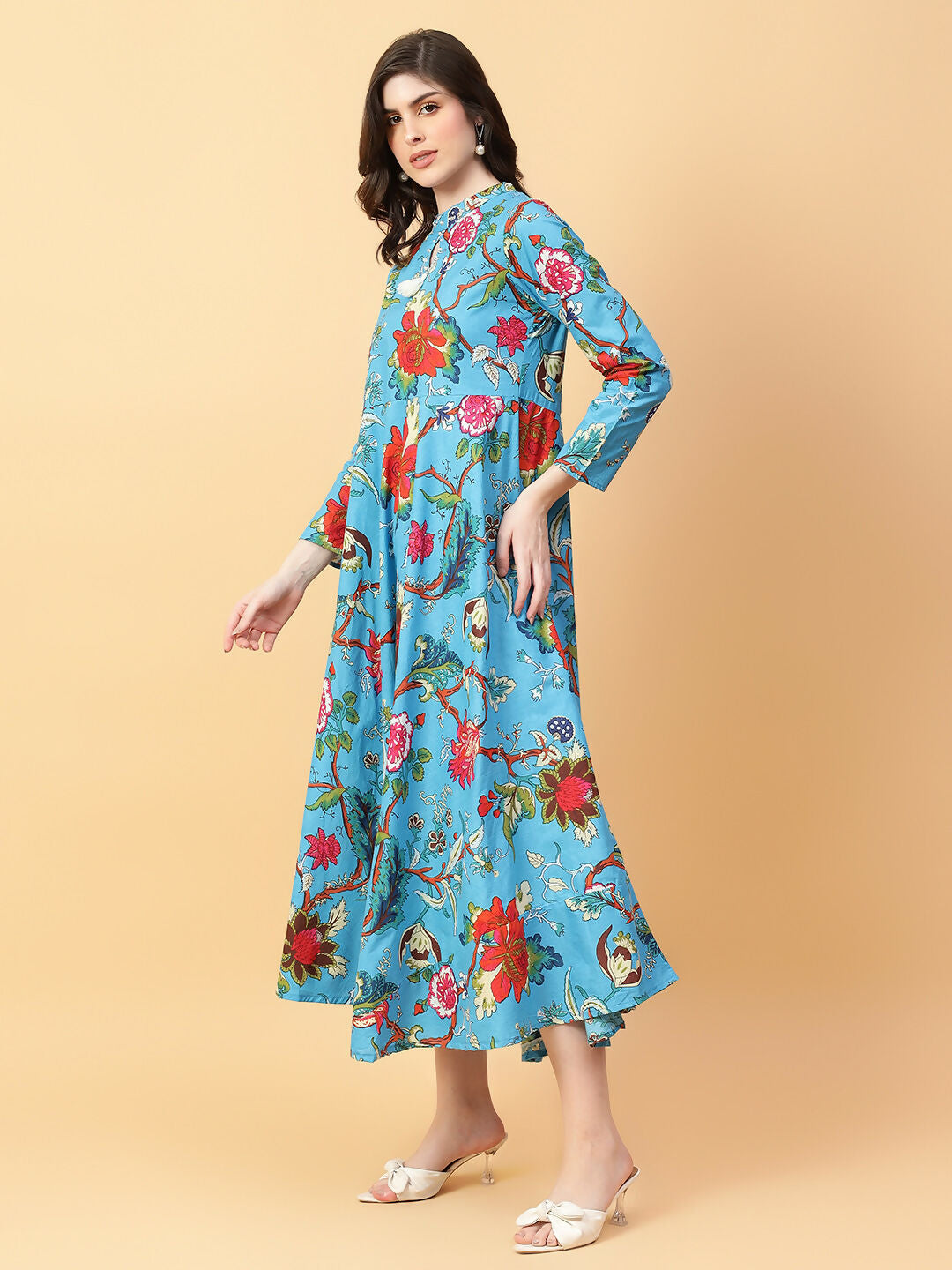 Joban Fashion Turquise Blue Cotton Printed & Hand Work Dress | Grocsy