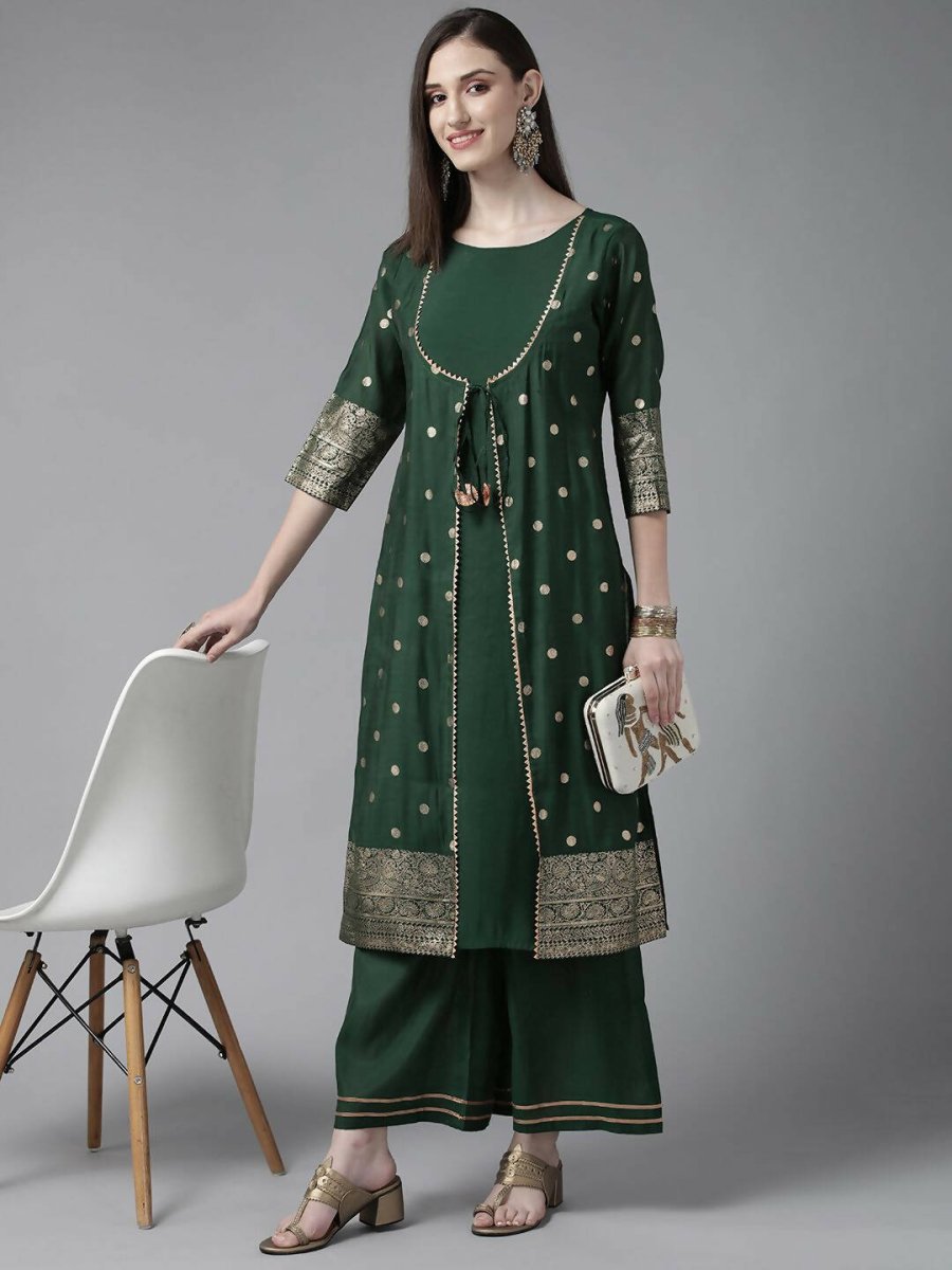 Ahalyaa Womens Dark Green Chanderi Gold Foil Printed Kurta Palazzo Set | Grocsy