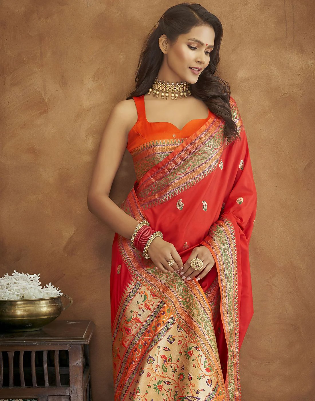 Vastranavya Red Soft Paithani Silk Saree With Gold Zari Weaving Motifs With Matching Blouse Fabric | Grocsy