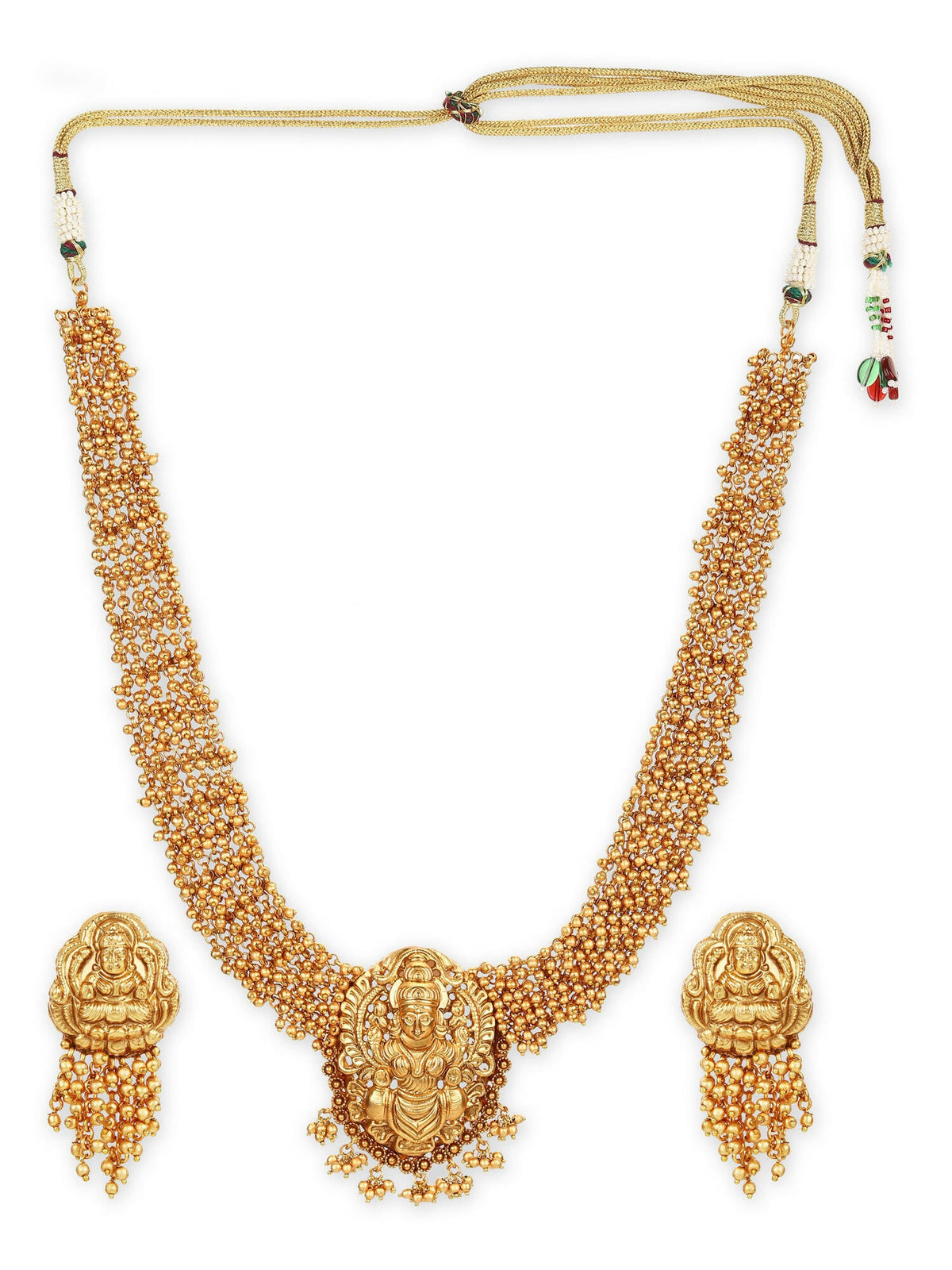 Gold-Polished Pearls Beaded Temple Jewellery Set - Ruby Raang | Grocsy
