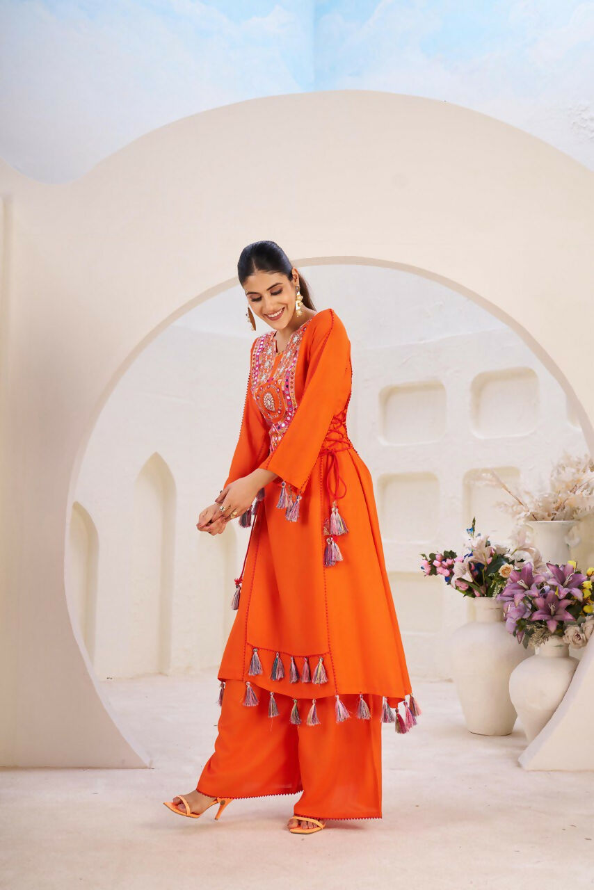 The52 Women's Gorgeous Rayon Fabric Thread Work Straight Kurta Palazzo Set | Grocsy