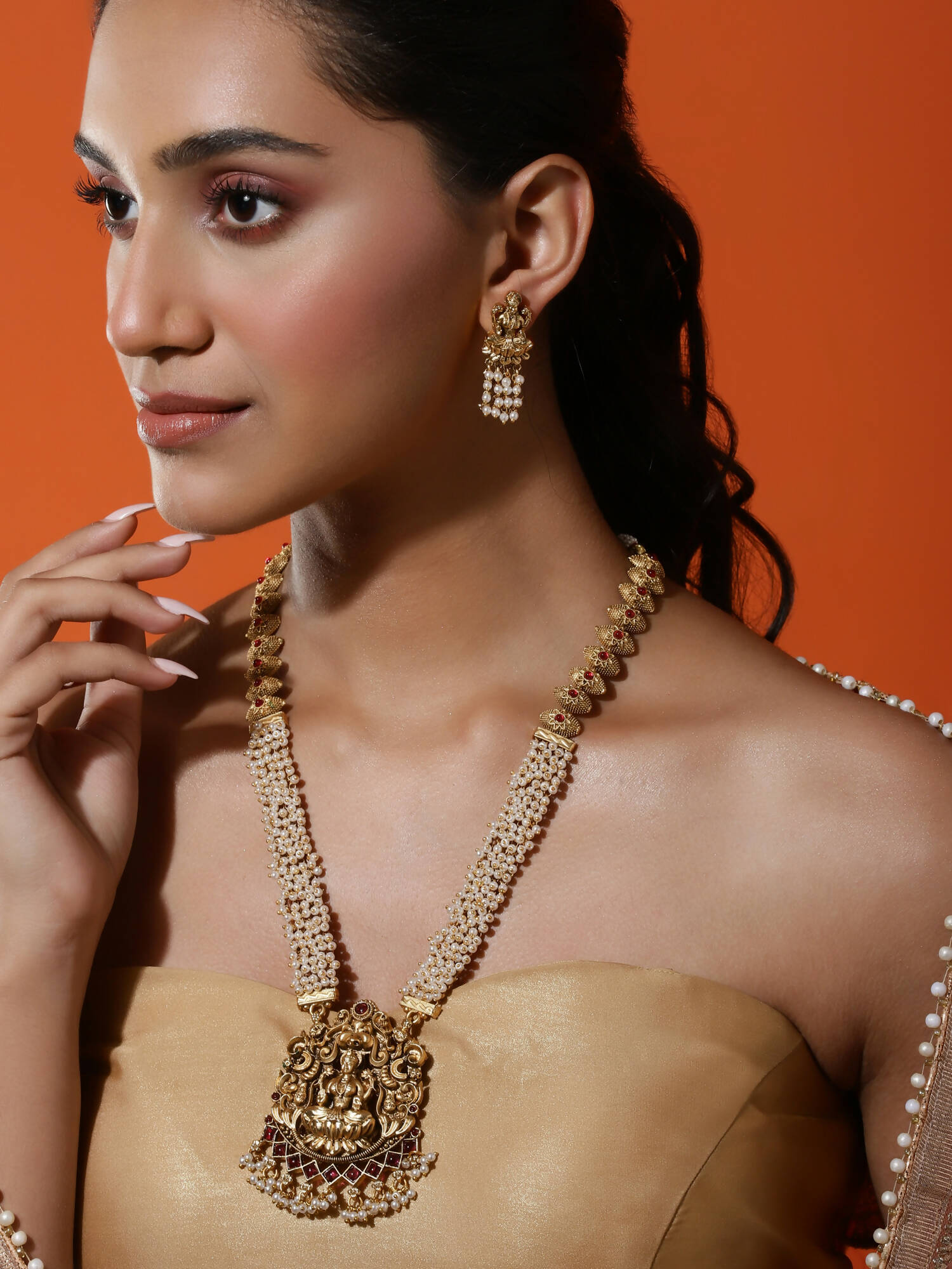 Gold-Polished Pink White Stones-Studded Beaded Jewellery Set - Ruby Raang | Grocsy