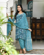Vaasva Women's Teal Crepe Embroidered Suit Set | Grocsy