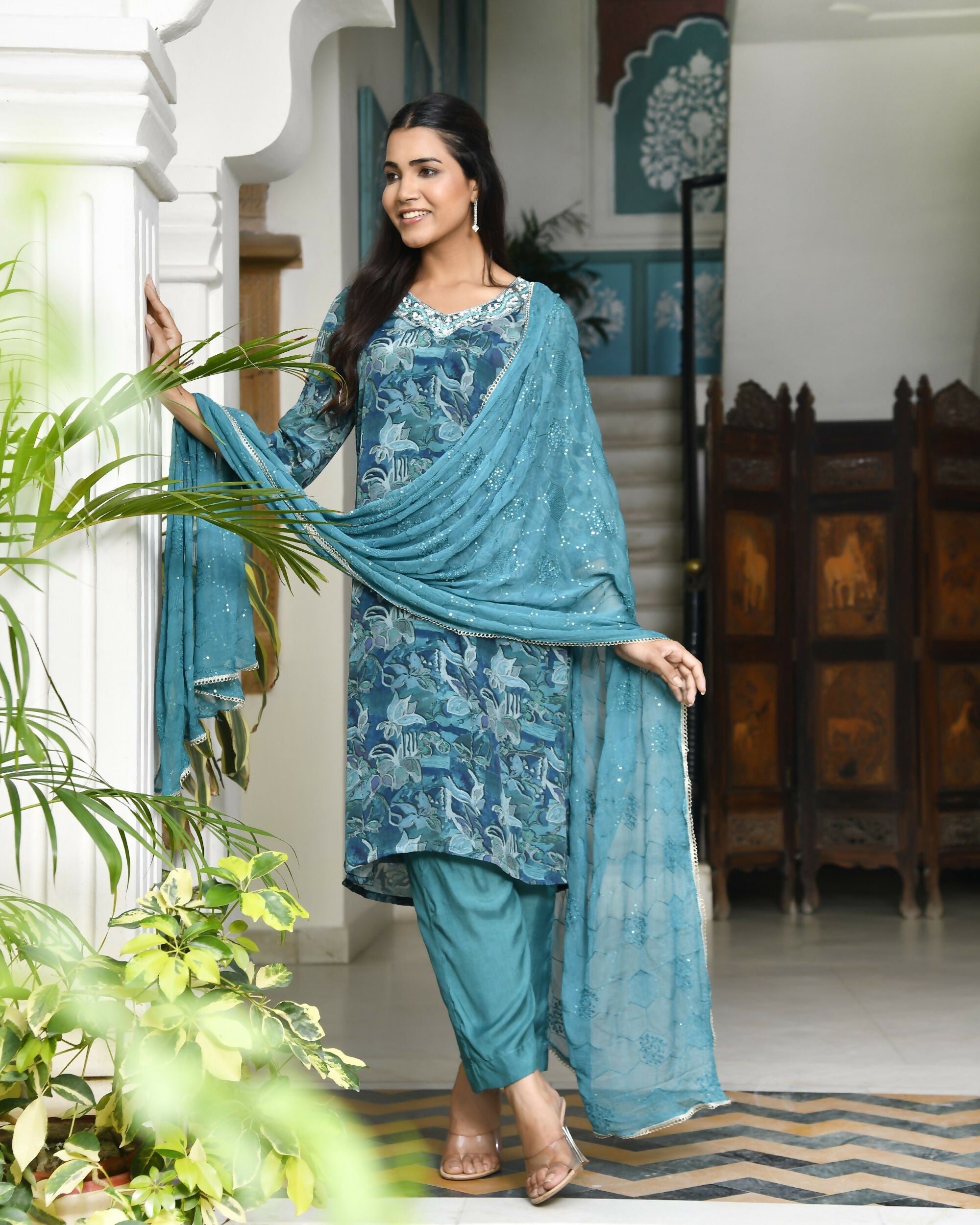 Vaasva Women's Teal Crepe Embroidered Suit Set | Grocsy