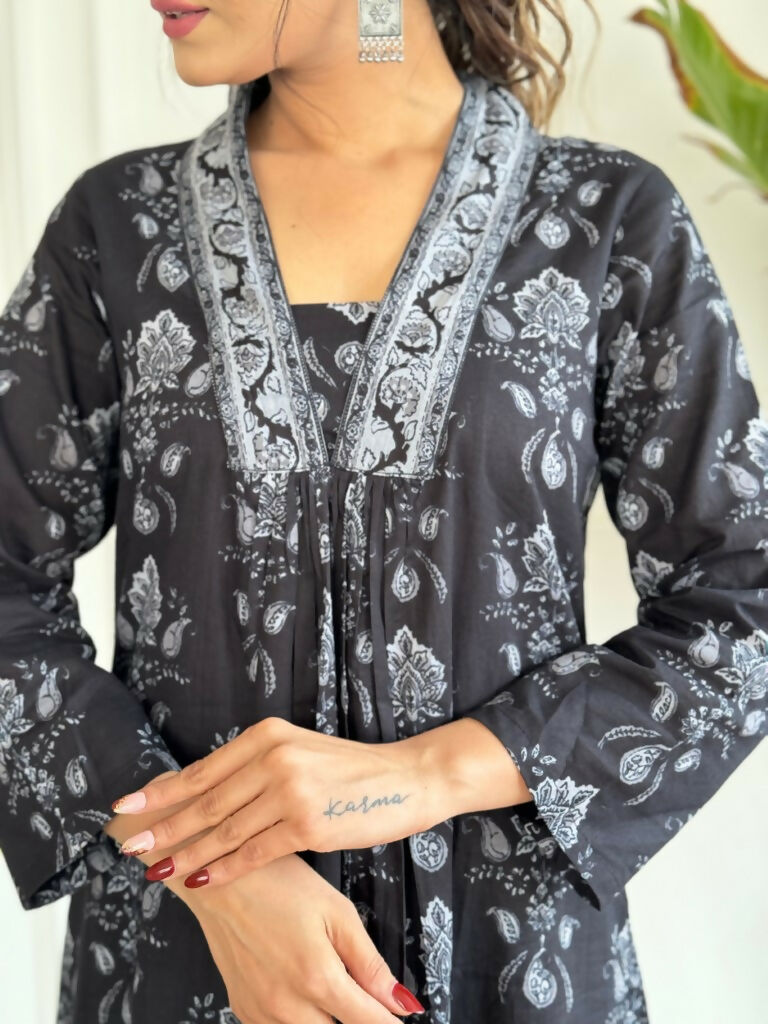 Black Pure Cotton Printed Anarkali Suit with Dupatta - Rashmika | Grocsy