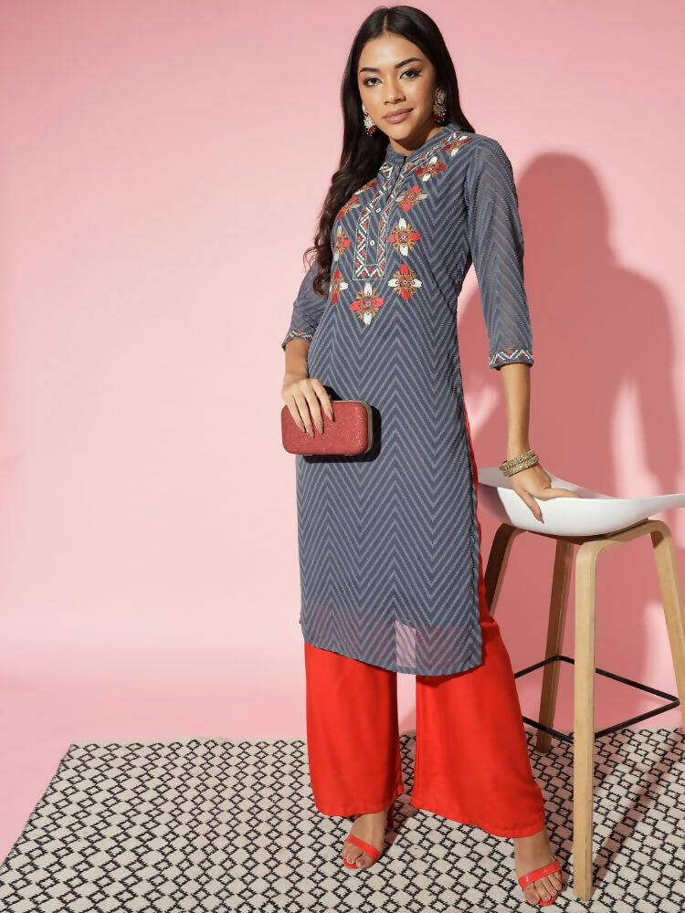 Myshka Women Grey Solid Georgette Straight V-Neck Kurtas | Grocsy