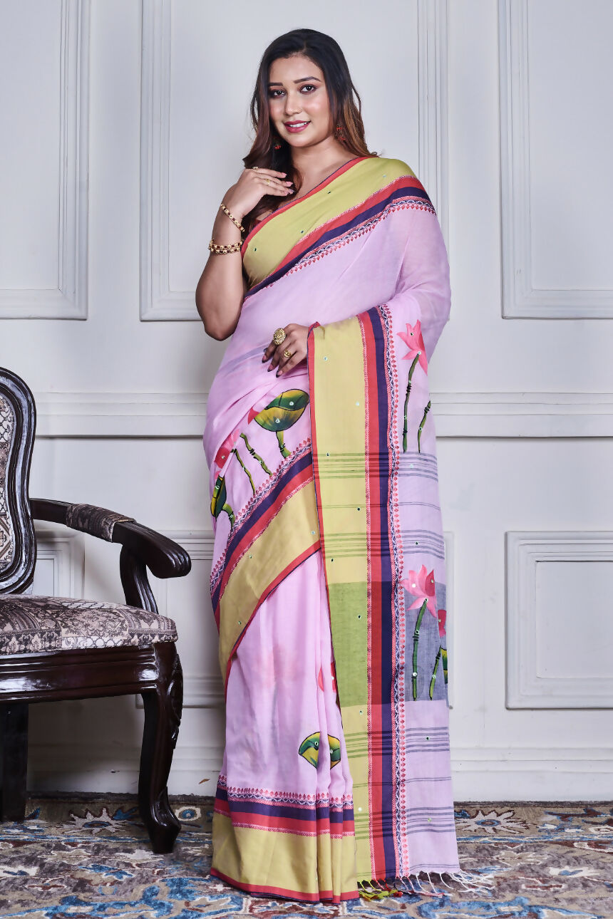 Morchari Multicolour Cotton Handloom Mirror Work Saree Unstitched Blouse | Grocsy