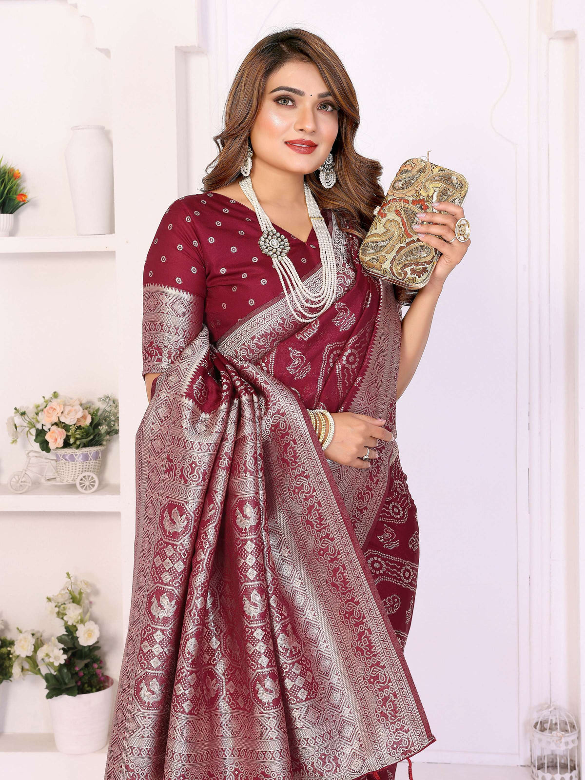 Aastha Fashion Maroon Georgette Silk Leheriya With Elegant Zari Weaving Saree | Grocsy