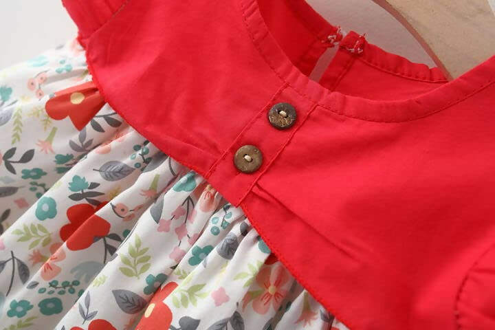 Bold N Elegant Cotton Floral Printed Ruffle Sleeve Princess Dress Frock With Fabric Hat Cap - Red | Grocsy