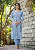 Kaajh Women's Blue Printed Kurta Pant Set With Dupatta | Grocsy