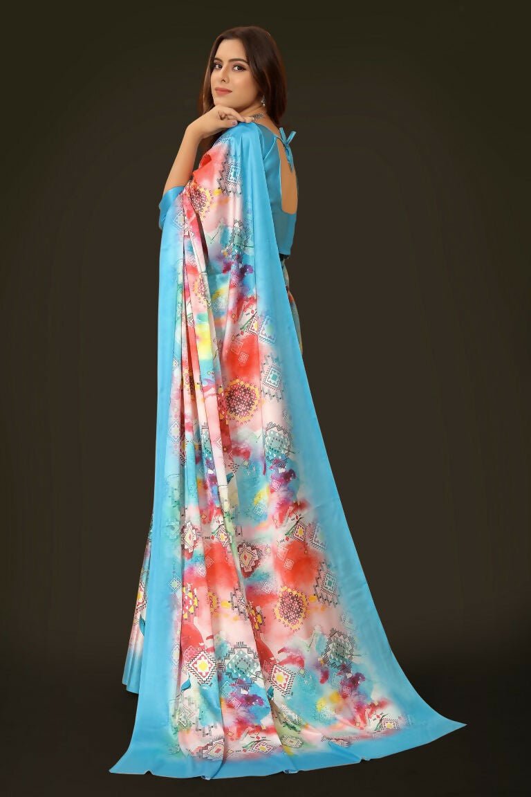 Aayaa Designer Printed Satin Saree - Multi Color | Grocsy