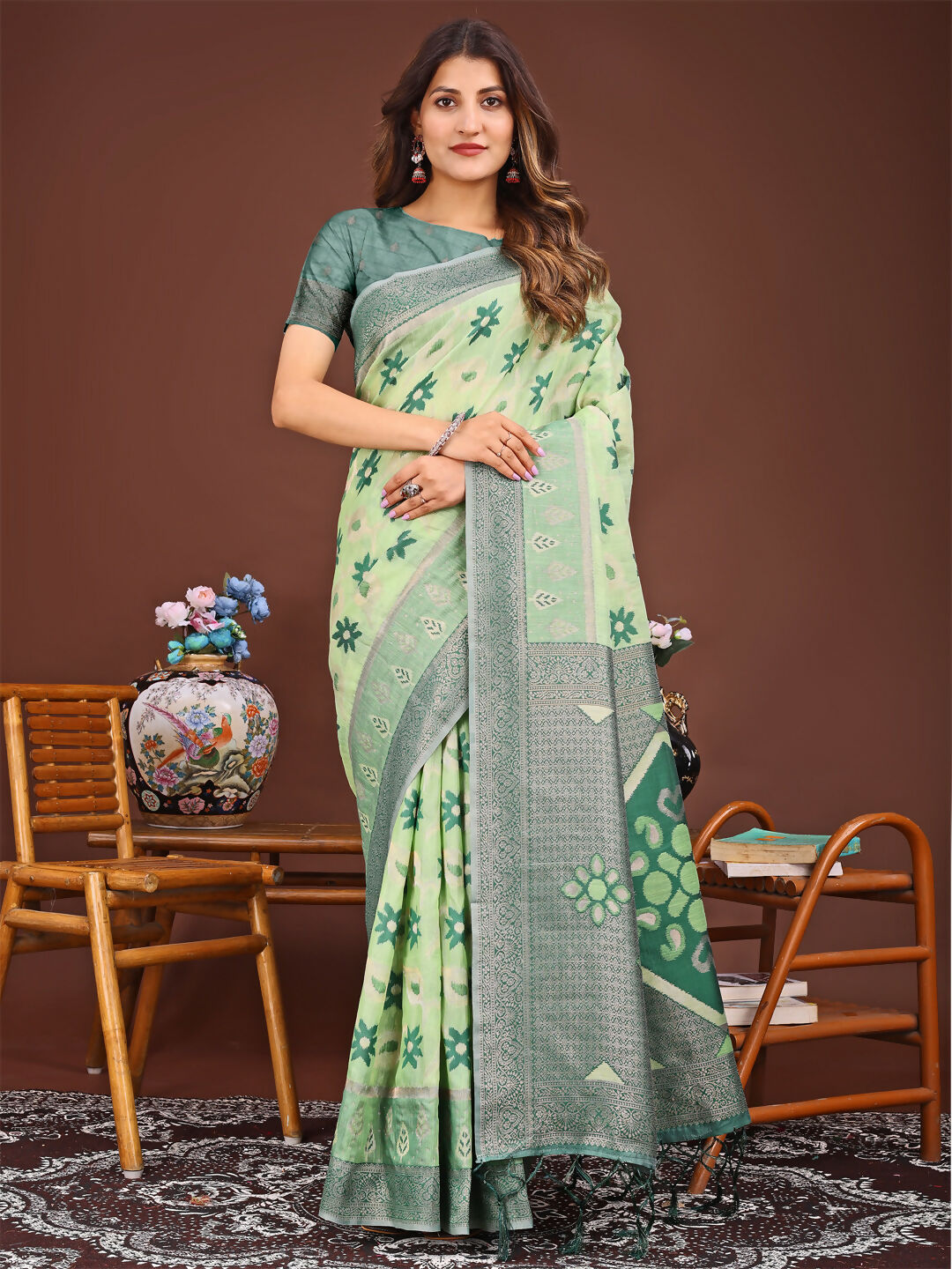Shree Shyam Fashion Sajni Light Green Linen Cotton Saree | Grocsy