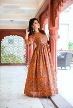 Designer Partywear Printed Dark Coral Pure Maslin Gown - Anbazaar | Grocsy