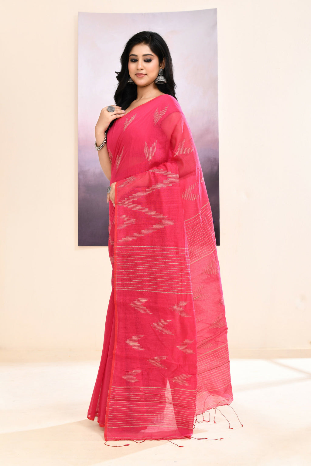 Piyari Fashion Women's Pink Embellished Cotton Blend Jamdani Saree | Grocsy