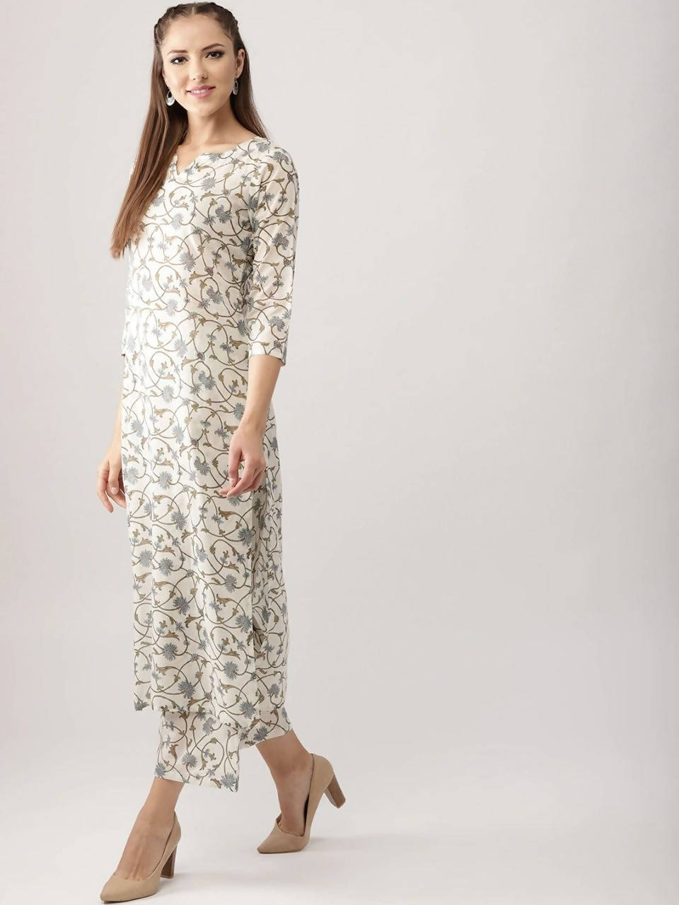 Vamika Cream Printed Cotton Party/Casual Wear Kurta Set/Suit | Grocsy
