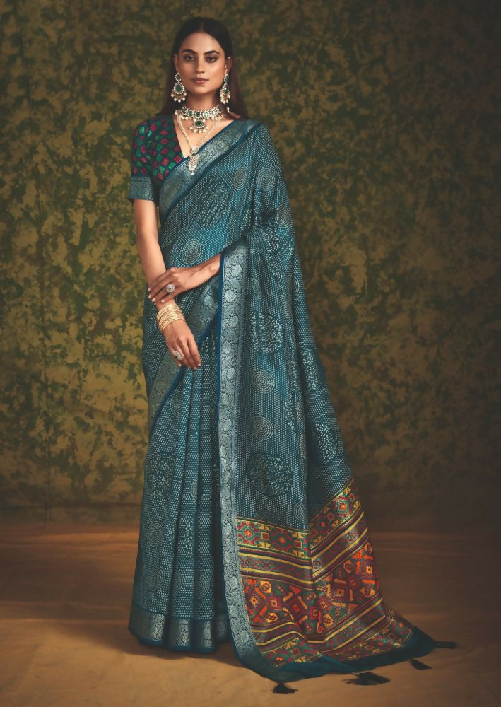 Joban Fashion Blue Velvet Tussar Silk with Foil Print Saree | Grocsy