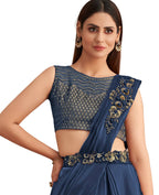 Navy Blue Satin Embroidered Ready To Wear Saree With Unstitched Blouse Piece - Nandika | Grocsy