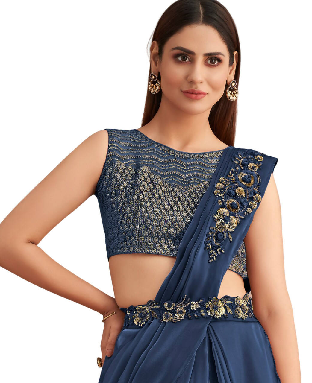Navy Blue Satin Embroidered Ready To Wear Saree With Unstitched Blouse Piece - Nandika | Grocsy