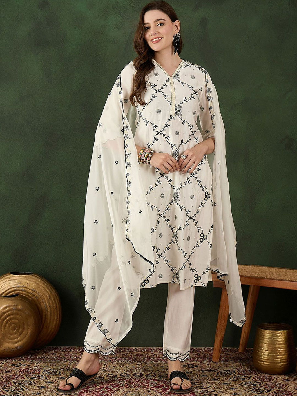 Sangria Embroidered Kurta & Trouser With Dupatta | Grocsy