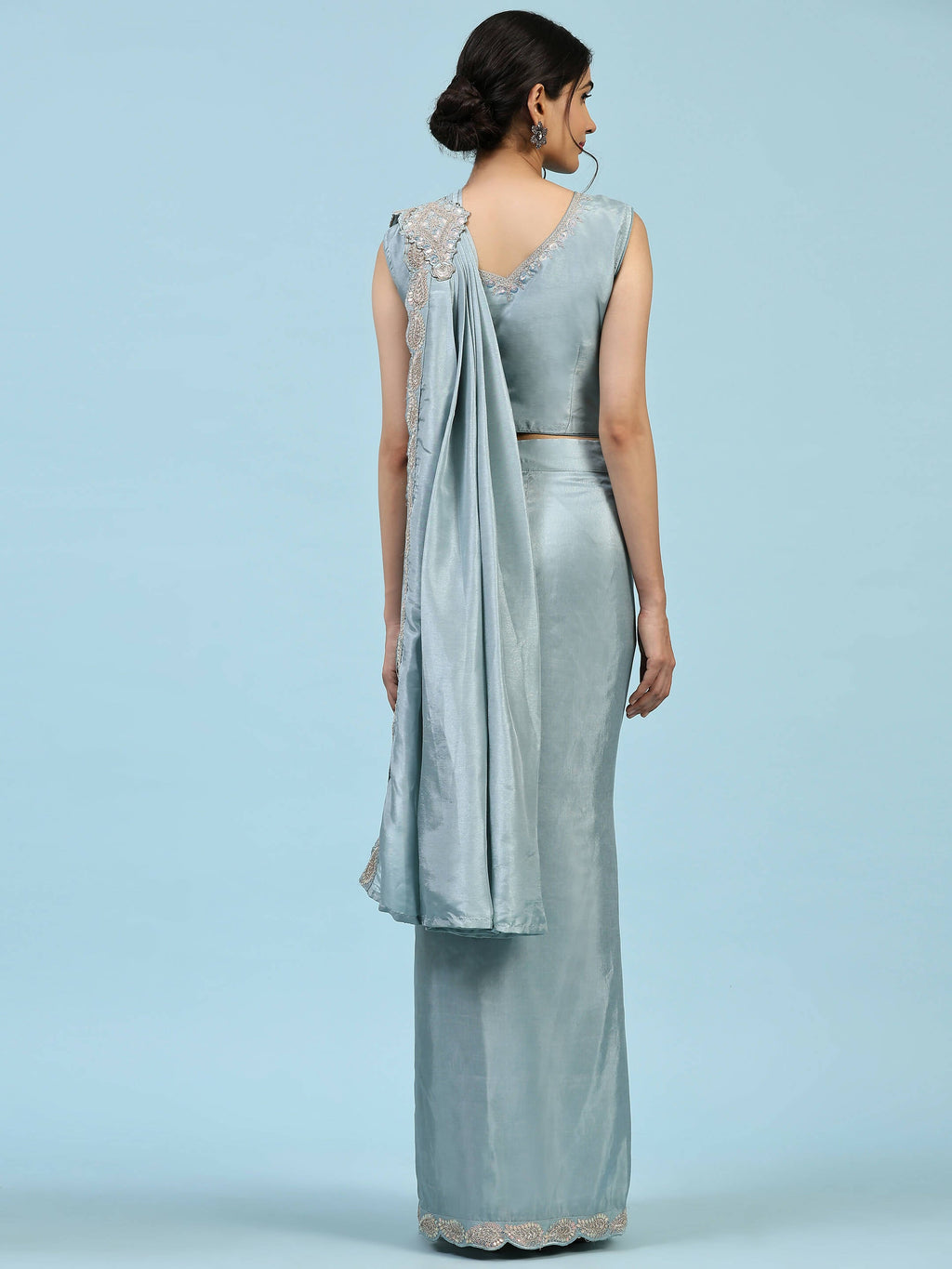 Sky Blue Silk Satin Plain Ready to wear Saree with stitched Blouse - Vrinda | Grocsy