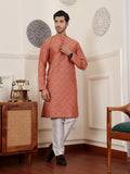 Orange Viscose Woven Jacquard Work Men's Rajwadi Kurta Set - Mahotsav | Grocsy