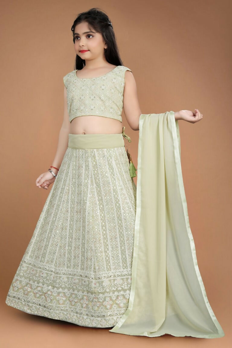 Wedding Designer Light Pista Heavy Fox Georgette Kidswear Lehenga - Aaradhna | Grocsy