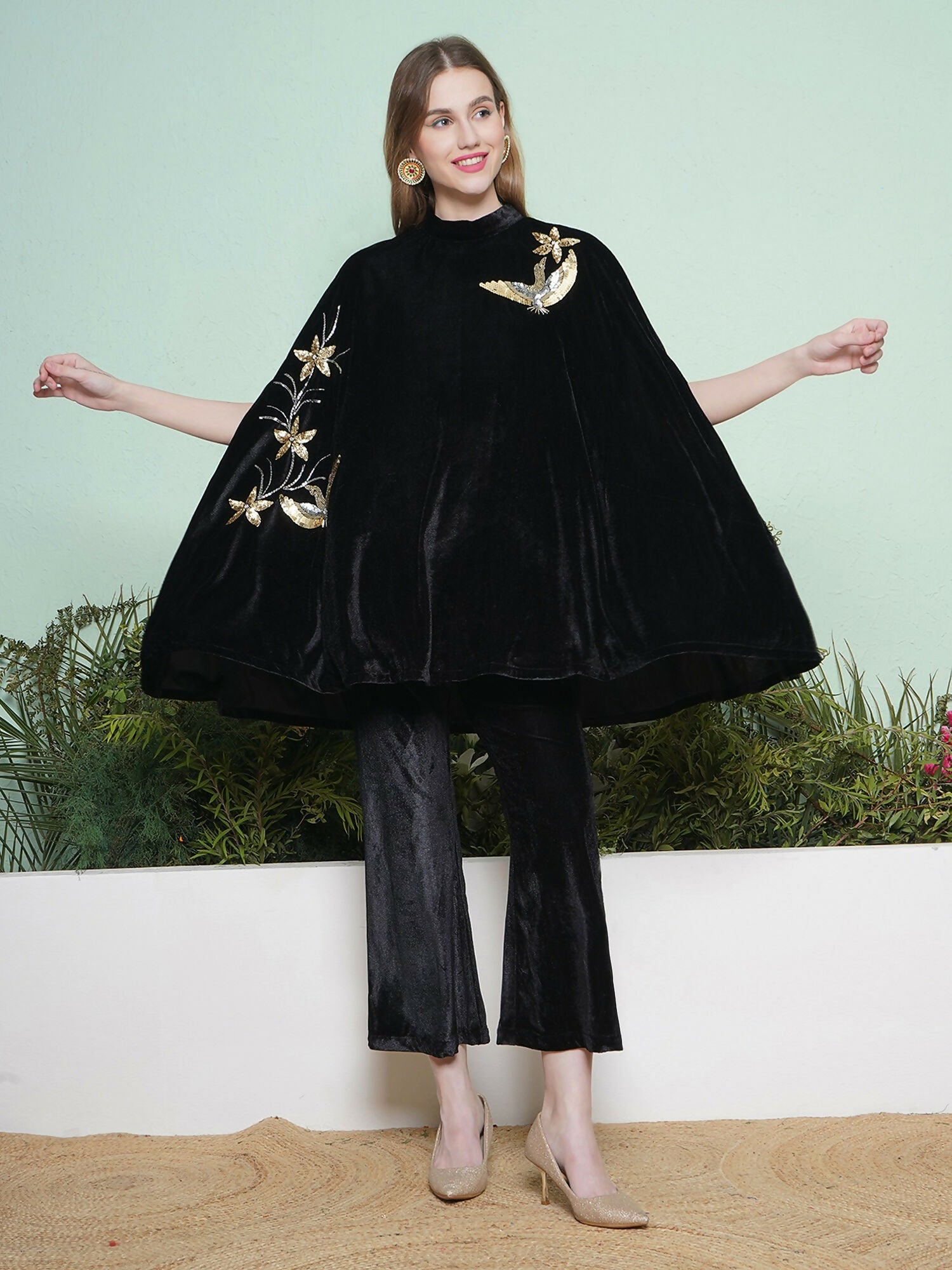 Joban Fashion Black Hand Embellished Cape Style Kurta with Bellbottom Pants | Grocsy