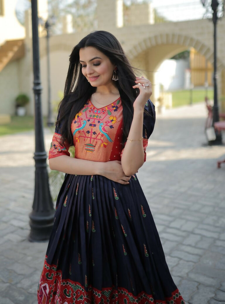 Jyoti Fashion Women's Navy Blue Patola with Foil Print Dola Silk Anarkali Dress | Grocsy